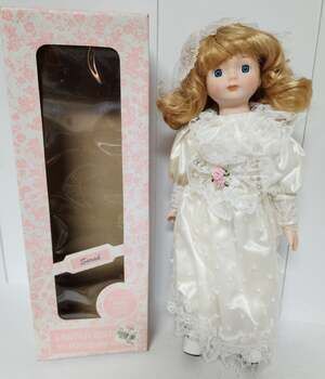 Vintage 16" Lazarus Porcelain Doll “Sarah” w/ Stand & Box – Bridal Gown